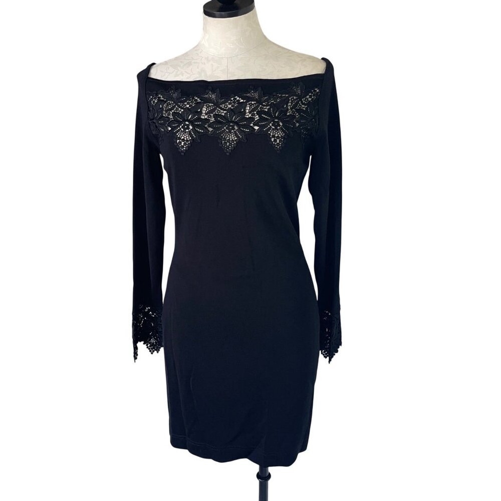 Tahari Vintage 1990s Womens Dress Size Medium Black Lace Trim Sheath Deadstock